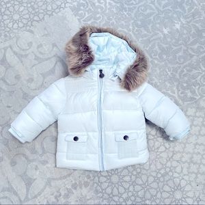 Baby Blue Puffy Jacket With Fur Trimmed Hood